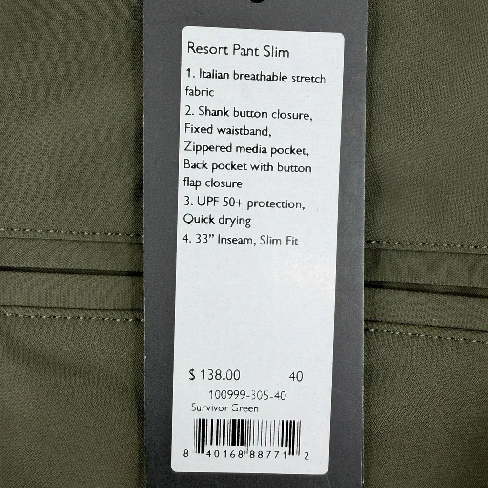 New Rhone Men's‎ Resort Slim Fit Pant 40 Green Stretch Quick Dry UPF 50+ 138$